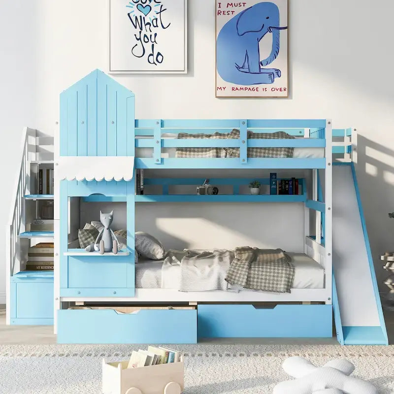 Lit superposé château double sur double avec 2 tiroirs, 3 étagères et toboggan pour enfants, adolescents, adultes, gain de place, montage facile