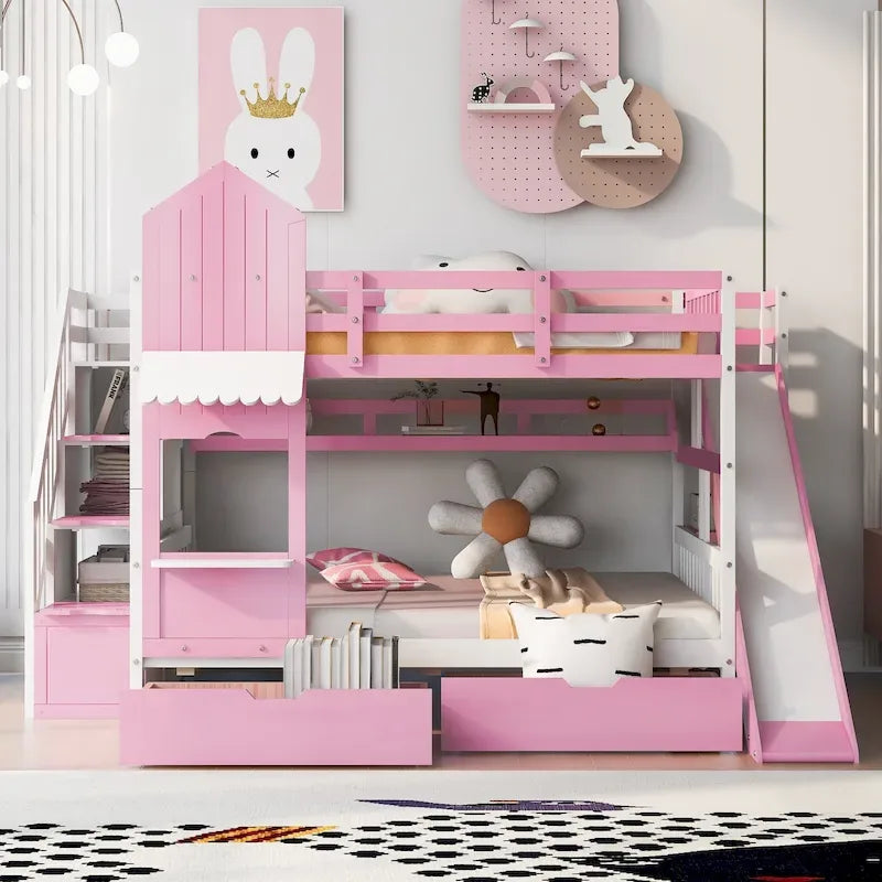 Lit superposé château double sur double avec 2 tiroirs, 3 étagères et toboggan pour enfants, adolescents, adultes, gain de place, montage facile
