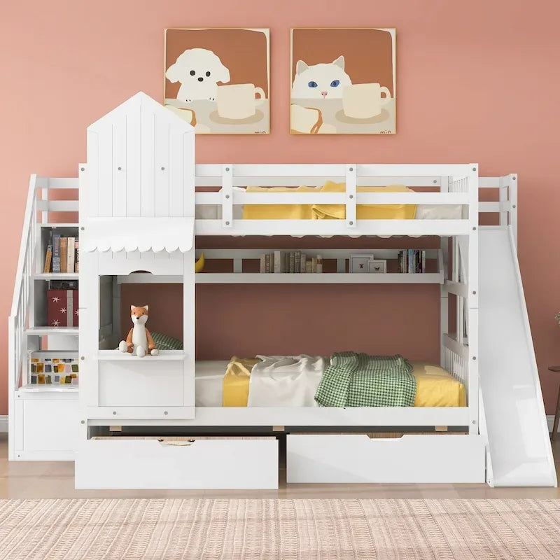Lit superposé château double sur double avec 2 tiroirs, 3 étagères et toboggan pour enfants, adolescents, adultes, gain de place, montage facile