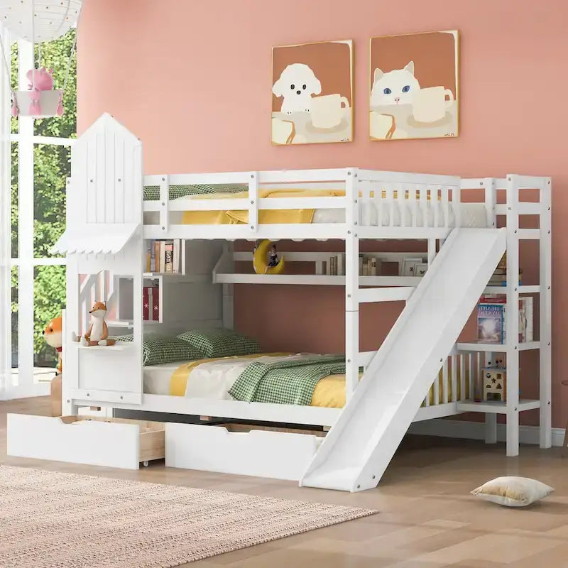 Lit superposé château double sur double avec 2 tiroirs, 3 étagères et toboggan pour enfants, adolescents, adultes, gain de place, montage facile