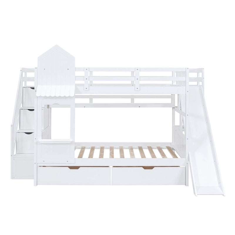 Lit superposé château double sur double avec 2 tiroirs, 3 étagères et toboggan pour enfants, adolescents, adultes, gain de place, montage facile