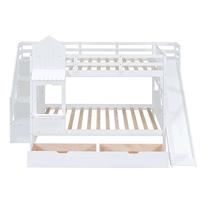 Lit superposé château double sur double avec 2 tiroirs, 3 étagères et toboggan pour enfants, adolescents, adultes, gain de place, montage facile