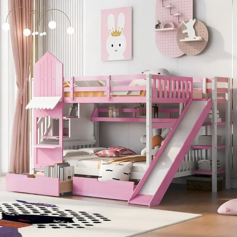 Lit superposé château double sur double avec 2 tiroirs, 3 étagères et toboggan pour enfants, adolescents, adultes, gain de place, montage facile