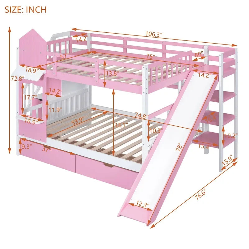 Lit superposé château double sur double avec 2 tiroirs, 3 étagères et toboggan pour enfants, adolescents, adultes, gain de place, montage facile