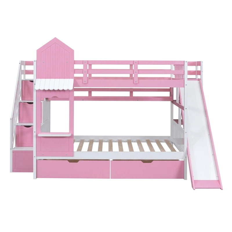 Lit superposé château double sur double avec 2 tiroirs, 3 étagères et toboggan pour enfants, adolescents, adultes, gain de place, montage facile