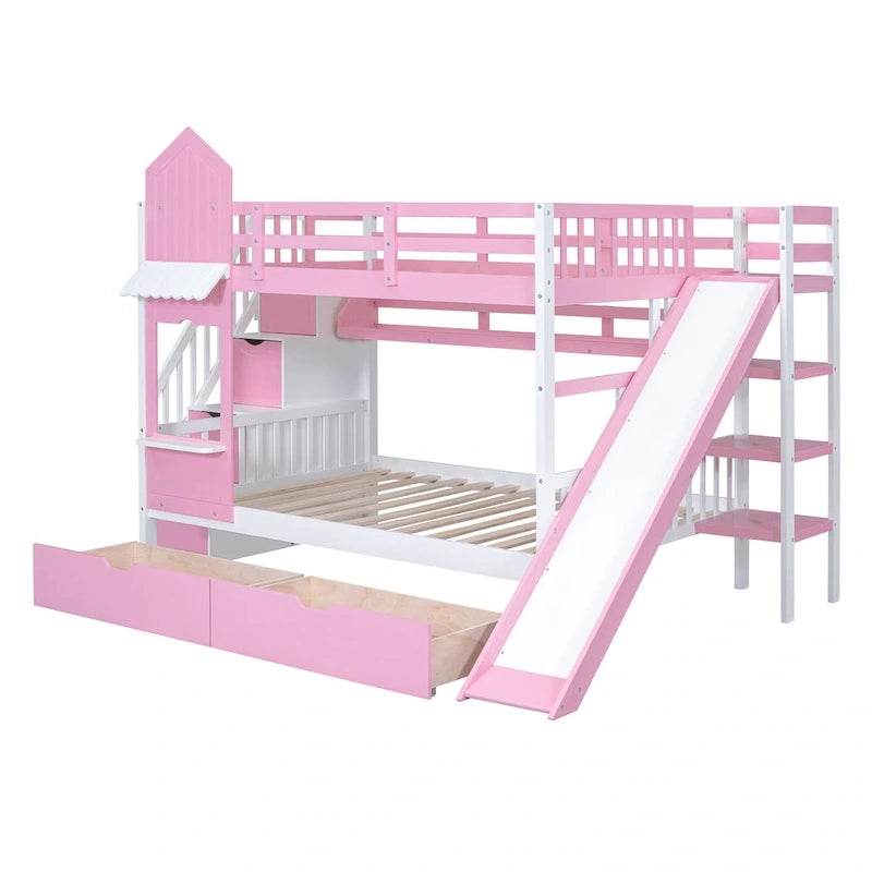 Lit superposé château double sur double avec 2 tiroirs, 3 étagères et toboggan pour enfants, adolescents, adultes, gain de place, montage facile