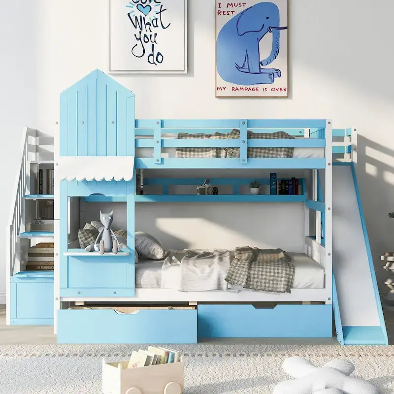 Lit superposé château double sur double avec 2 tiroirs, 3 étagères et toboggan pour enfants, adolescents, adultes, gain de place, montage facile
