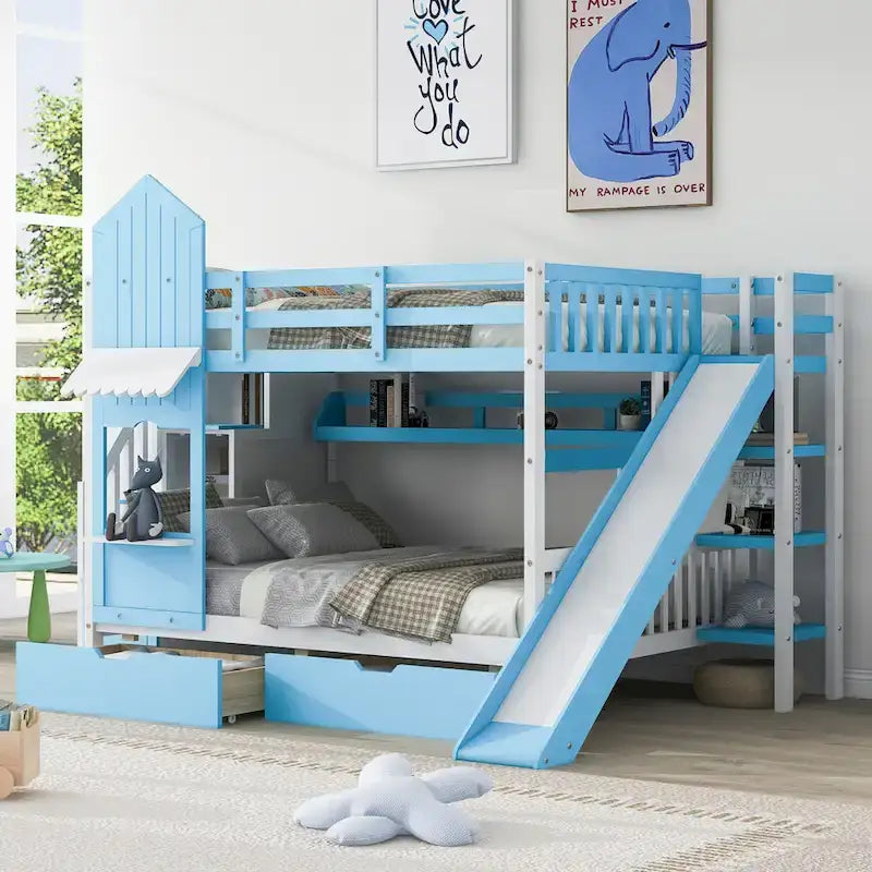 Lit superposé château double sur double avec 2 tiroirs, 3 étagères et toboggan pour enfants, adolescents, adultes, gain de place, montage facile