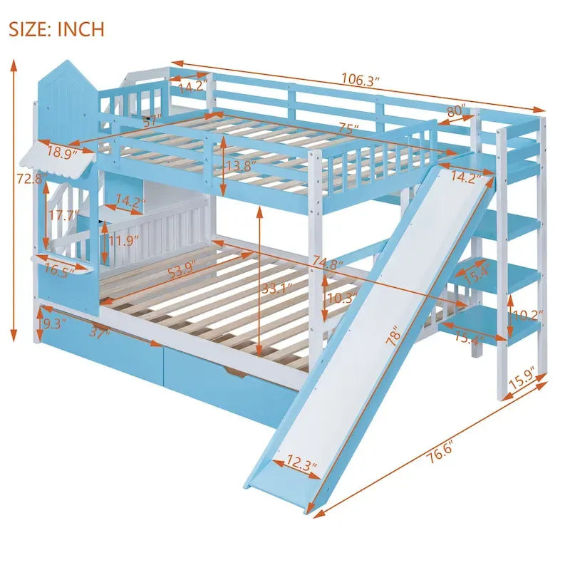 Lit superposé château double sur double avec 2 tiroirs, 3 étagères et toboggan pour enfants, adolescents, adultes, gain de place, montage facile
