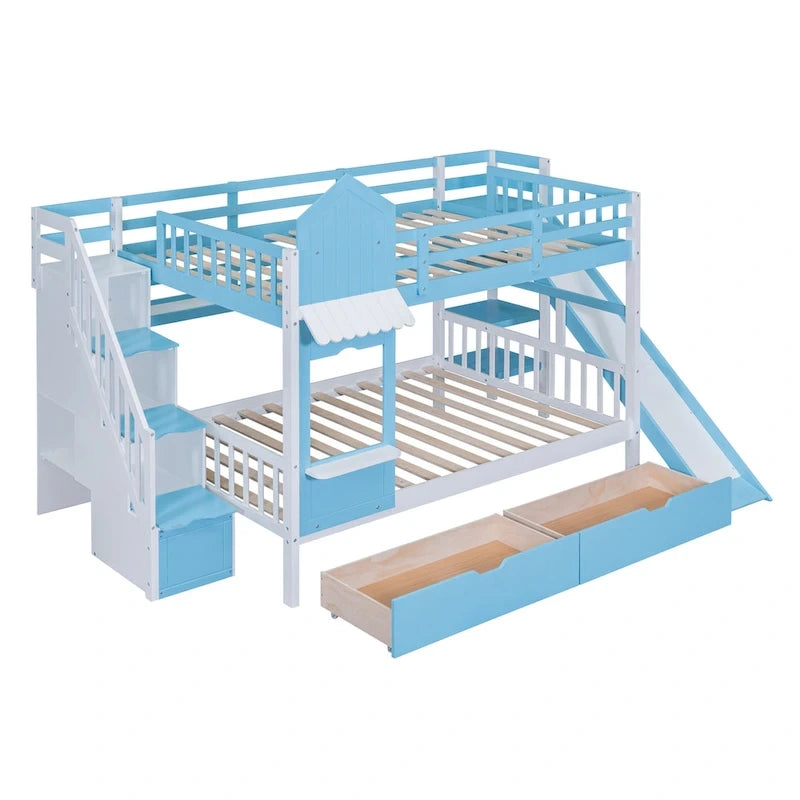 Lit superposé château double sur double avec 2 tiroirs, 3 étagères et toboggan pour enfants, adolescents, adultes, gain de place, montage facile