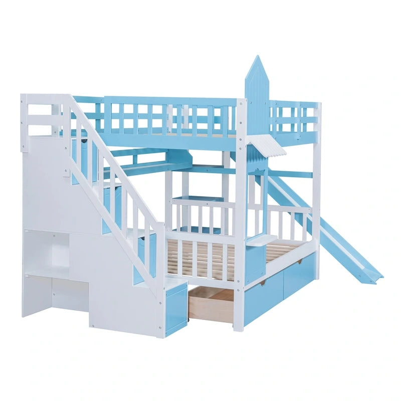 Lit superposé château double sur double avec 2 tiroirs, 3 étagères et toboggan pour enfants, adolescents, adultes, gain de place, montage facile