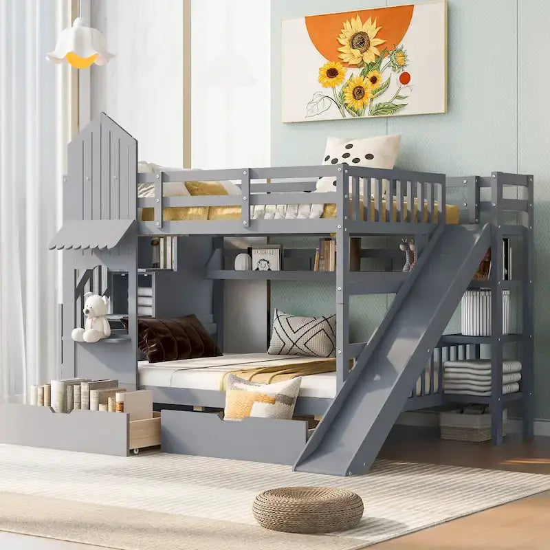 Lit superposé château double sur double avec 2 tiroirs, 3 étagères et toboggan pour enfants, adolescents, adultes, gain de place, montage facile