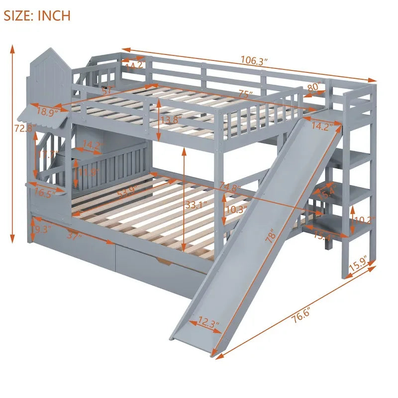 Lit superposé château double sur double avec 2 tiroirs, 3 étagères et toboggan pour enfants, adolescents, adultes, gain de place, montage facile