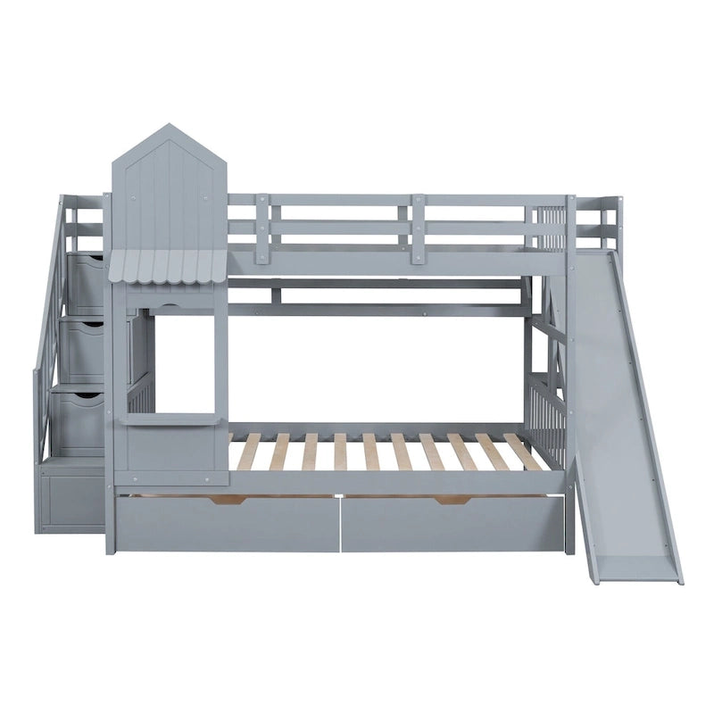 Lit superposé château double sur double avec 2 tiroirs, 3 étagères et toboggan pour enfants, adolescents, adultes, gain de place, montage facile
