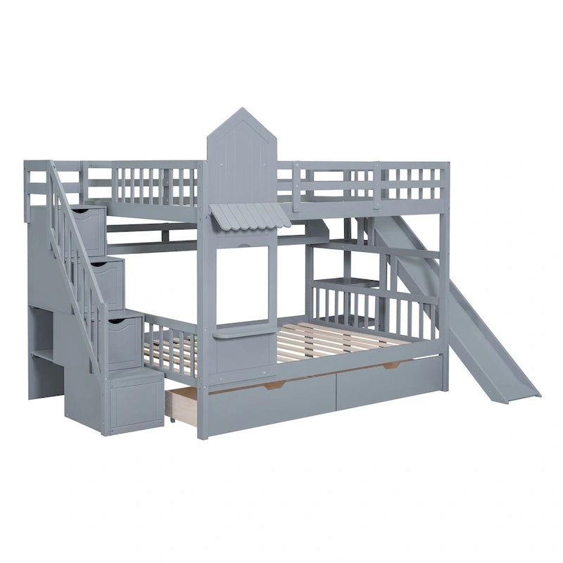 Lit superposé château double sur double avec 2 tiroirs, 3 étagères et toboggan pour enfants, adolescents, adultes, gain de place, montage facile