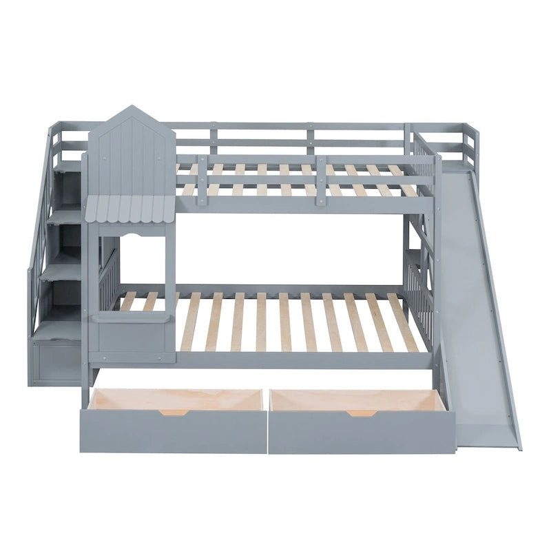 Lit superposé château double sur double avec 2 tiroirs, 3 étagères et toboggan pour enfants, adolescents, adultes, gain de place, montage facile