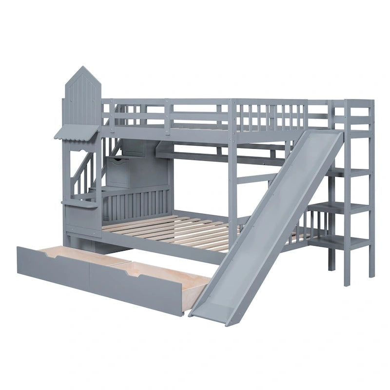Lit superposé château double sur double avec 2 tiroirs, 3 étagères et toboggan pour enfants, adolescents, adultes, gain de place, montage facile