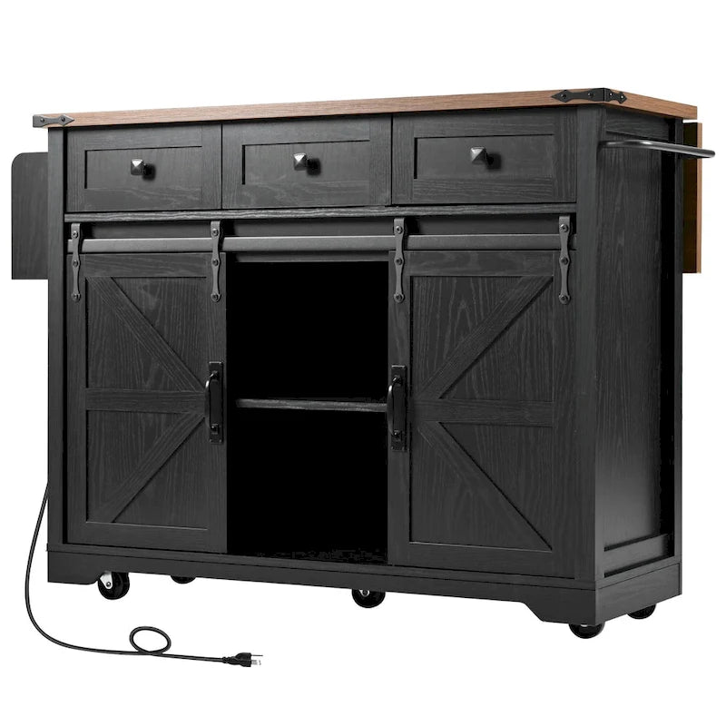 Îlot de cuisine de ferme avec prise de courant, îlot de rangement de cuisine avec 2 portes coulissantes de grange, abattant et porte-épices