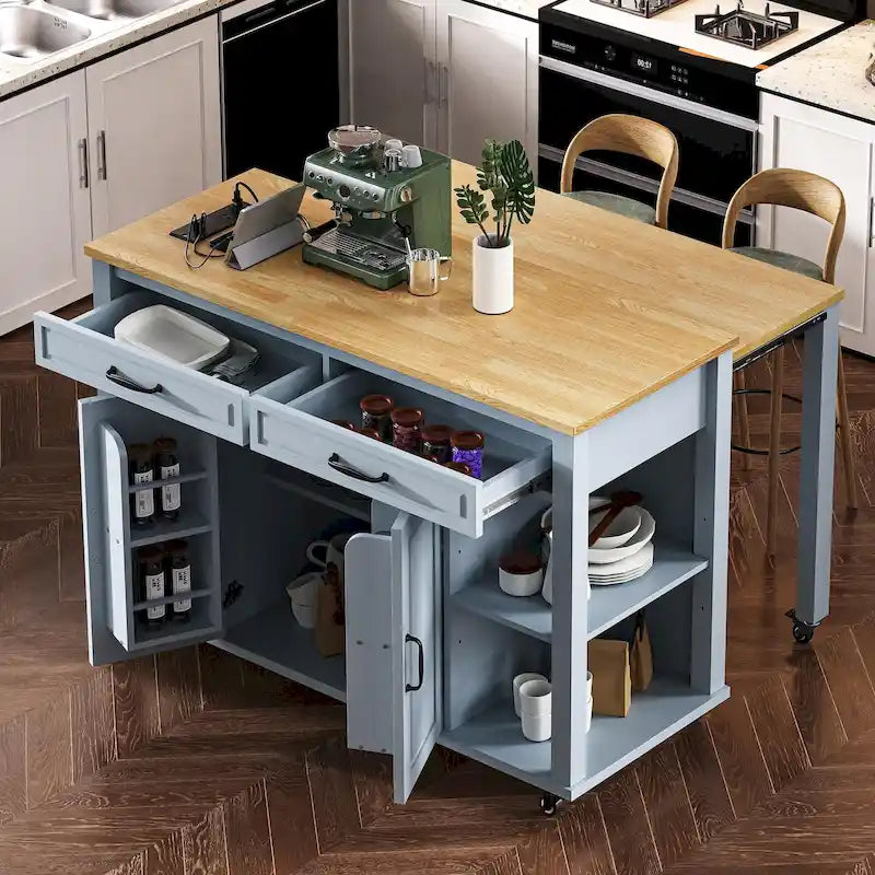 Îlot de cuisine en bois d'hévéa de 47" avec table à manger extensible, étagère de rangement interne, prise de courant, 2 tiroirs de rangement, 2 armoires