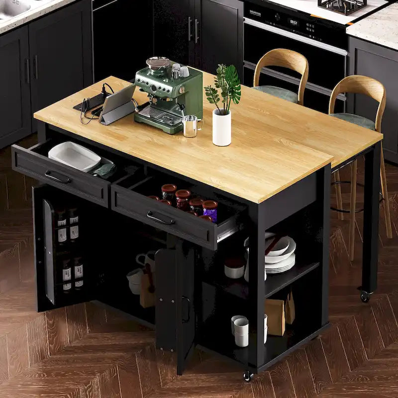 Îlot de cuisine en bois d'hévéa de 47" avec table à manger extensible, étagère de rangement interne, prise de courant, 2 tiroirs de rangement, 2 armoires