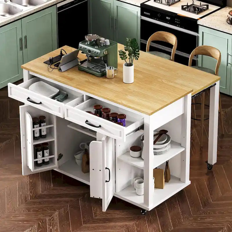 Îlot de cuisine en bois d'hévéa de 47" avec table à manger extensible, étagère de rangement interne, prise de courant, 2 tiroirs de rangement, 2 armoires