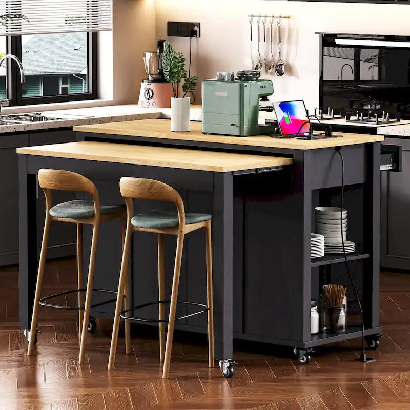 Îlot de cuisine en bois d'hévéa de 47" avec table à manger extensible, étagère de rangement interne, prise de courant, 2 tiroirs de rangement, 2 armoires