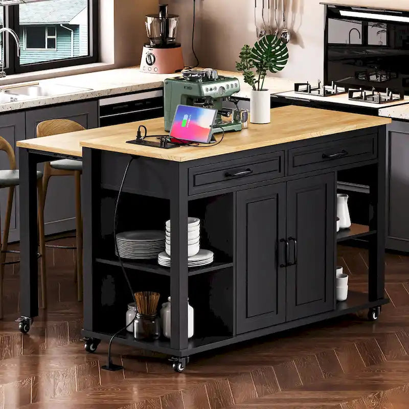 Îlot de cuisine en bois d'hévéa de 47" avec table à manger extensible, étagère de rangement interne, prise de courant, 2 tiroirs de rangement, 2 armoires