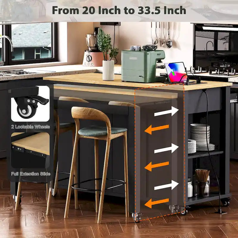 Îlot de cuisine en bois d'hévéa de 47" avec table à manger extensible, étagère de rangement interne, prise de courant, 2 tiroirs de rangement, 2 armoires