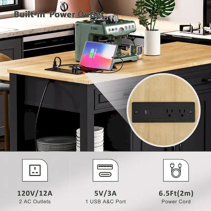 Îlot de cuisine en bois d'hévéa de 47" avec table à manger extensible, étagère de rangement interne, prise de courant, 2 tiroirs de rangement, 2 armoires