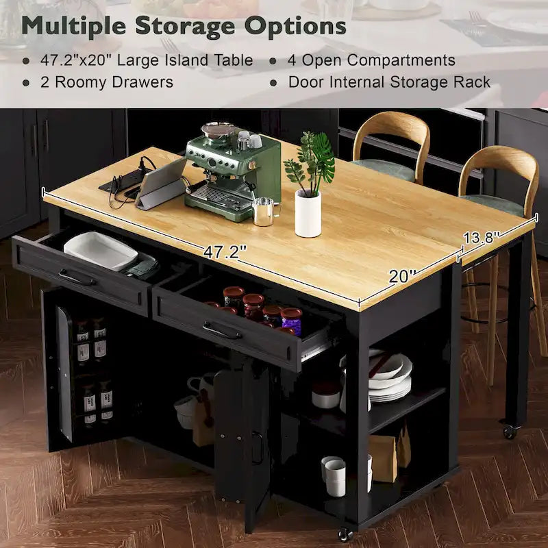 Îlot de cuisine en bois d'hévéa de 47" avec table à manger extensible, étagère de rangement interne, prise de courant, 2 tiroirs de rangement, 2 armoires
