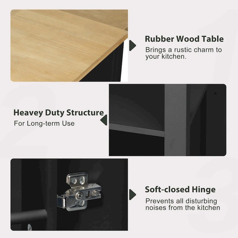 Îlot de cuisine en bois d'hévéa de 47" avec table à manger extensible, étagère de rangement interne, prise de courant, 2 tiroirs de rangement, 2 armoires