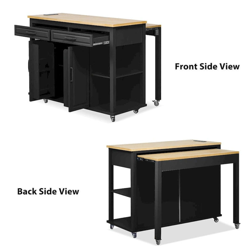 Îlot de cuisine en bois d'hévéa de 47" avec table à manger extensible, étagère de rangement interne, prise de courant, 2 tiroirs de rangement, 2 armoires