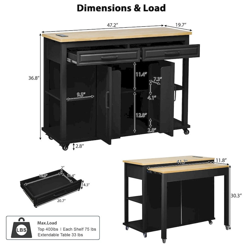 Îlot de cuisine en bois d'hévéa de 47" avec table à manger extensible, étagère de rangement interne, prise de courant, 2 tiroirs de rangement, 2 armoires