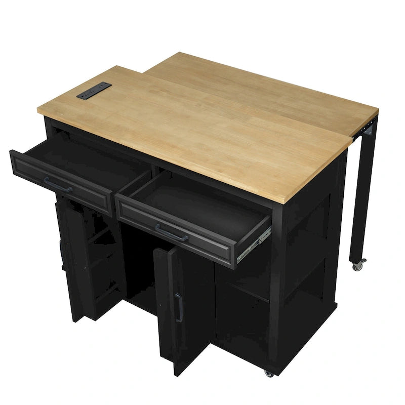 Îlot de cuisine en bois d'hévéa de 47" avec table à manger extensible, étagère de rangement interne, prise de courant, 2 tiroirs de rangement, 2 armoires