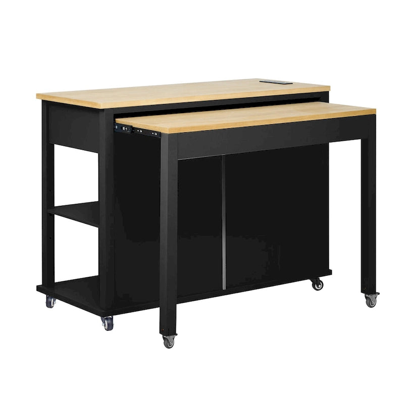 Îlot de cuisine en bois d'hévéa de 47" avec table à manger extensible, étagère de rangement interne, prise de courant, 2 tiroirs de rangement, 2 armoires