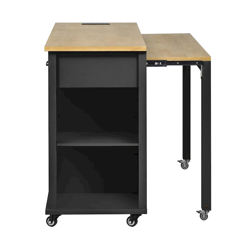 Îlot de cuisine en bois d'hévéa de 47" avec table à manger extensible, étagère de rangement interne, prise de courant, 2 tiroirs de rangement, 2 armoires