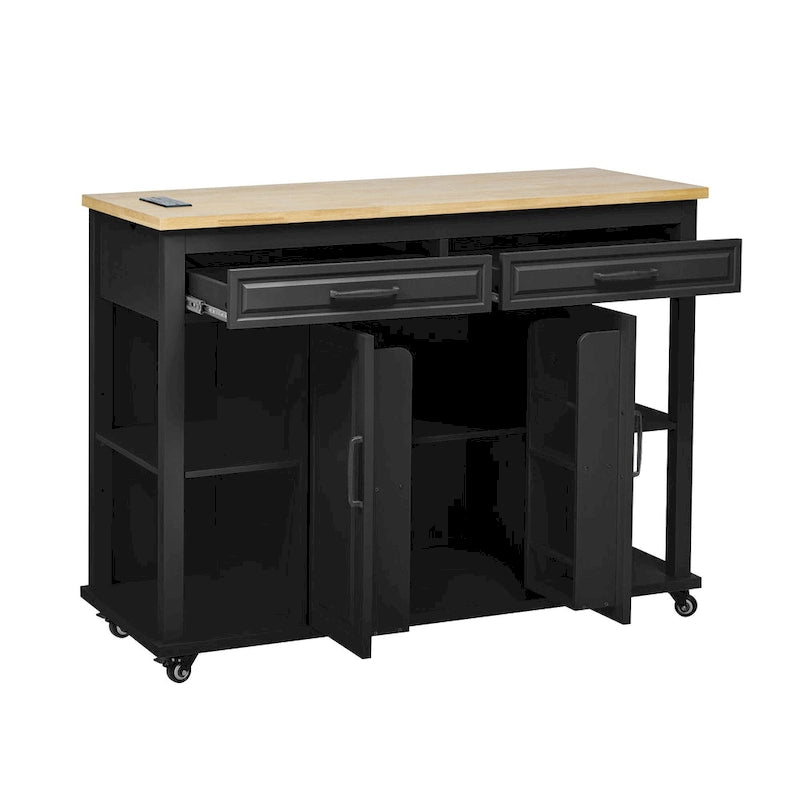 Îlot de cuisine en bois d'hévéa de 47" avec table à manger extensible, étagère de rangement interne, prise de courant, 2 tiroirs de rangement, 2 armoires