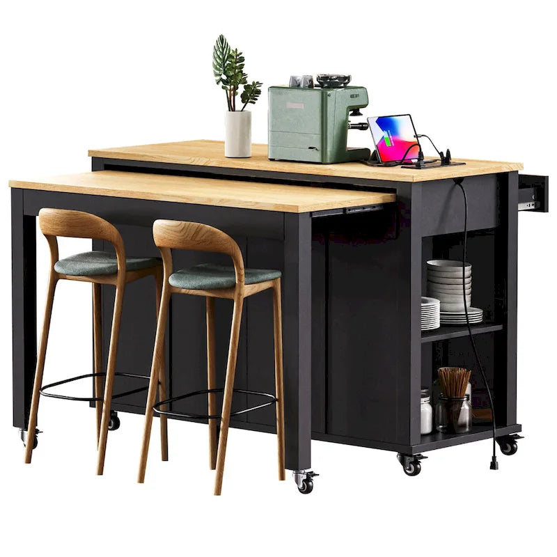 Îlot de cuisine en bois d'hévéa de 47" avec table à manger extensible, étagère de rangement interne, prise de courant, 2 tiroirs de rangement, 2 armoires
