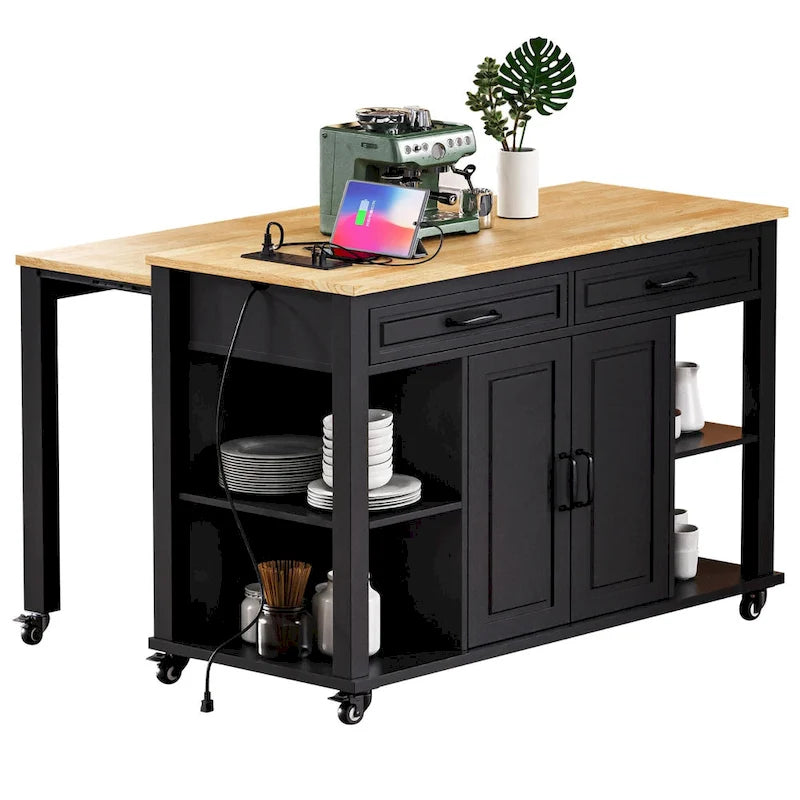 Îlot de cuisine en bois d'hévéa de 47" avec table à manger extensible, étagère de rangement interne, prise de courant, 2 tiroirs de rangement, 2 armoires