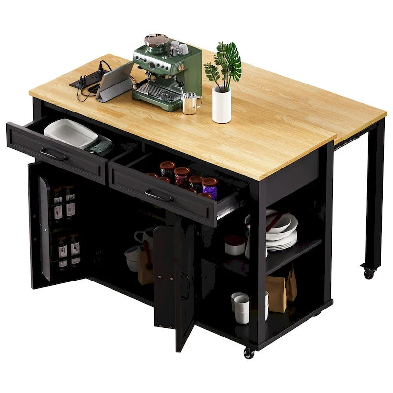Îlot de cuisine en bois d'hévéa de 47" avec table à manger extensible, étagère de rangement interne, prise de courant, 2 tiroirs de rangement, 2 armoires