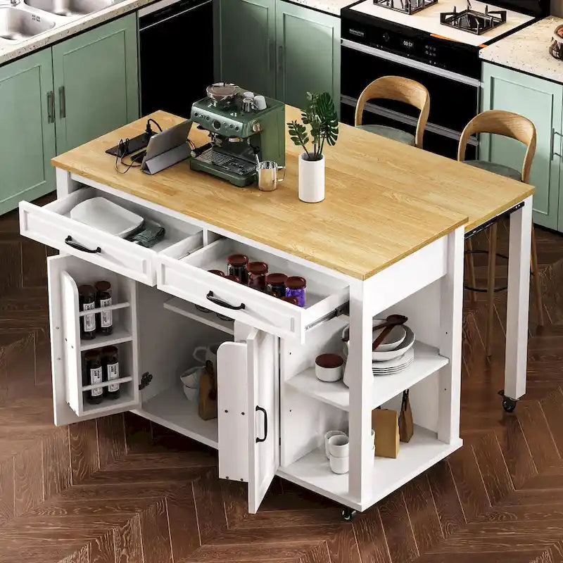 Îlot de cuisine en bois d'hévéa de 47" avec table à manger extensible, étagère de rangement interne, prise de courant, 2 tiroirs de rangement, 2 armoires