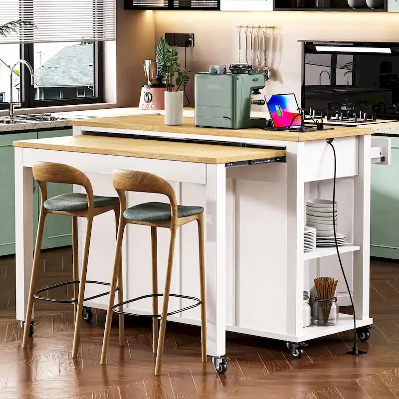 Îlot de cuisine en bois d'hévéa de 47" avec table à manger extensible, étagère de rangement interne, prise de courant, 2 tiroirs de rangement, 2 armoires