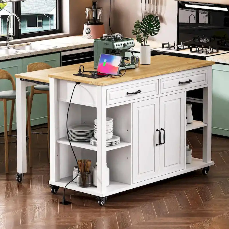 Îlot de cuisine en bois d'hévéa de 47" avec table à manger extensible, étagère de rangement interne, prise de courant, 2 tiroirs de rangement, 2 armoires
