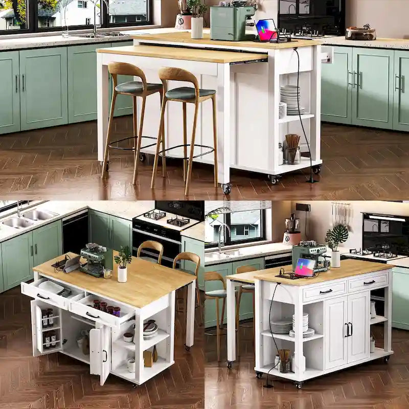Îlot de cuisine en bois d'hévéa de 47" avec table à manger extensible, étagère de rangement interne, prise de courant, 2 tiroirs de rangement, 2 armoires