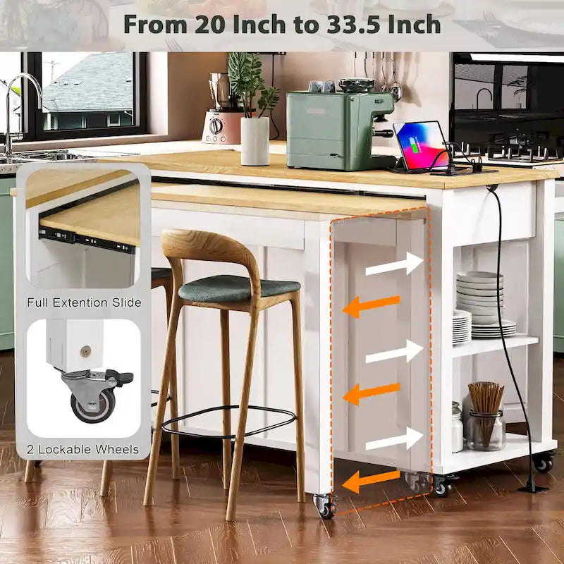 Îlot de cuisine en bois d'hévéa de 47" avec table à manger extensible, étagère de rangement interne, prise de courant, 2 tiroirs de rangement, 2 armoires