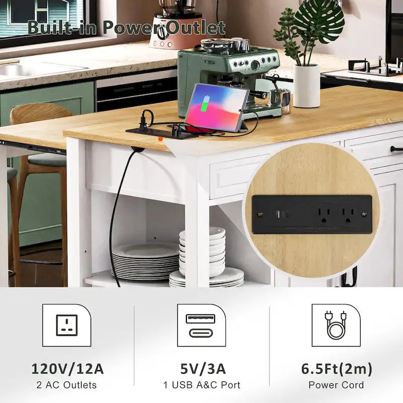 Îlot de cuisine en bois d'hévéa de 47" avec table à manger extensible, étagère de rangement interne, prise de courant, 2 tiroirs de rangement, 2 armoires