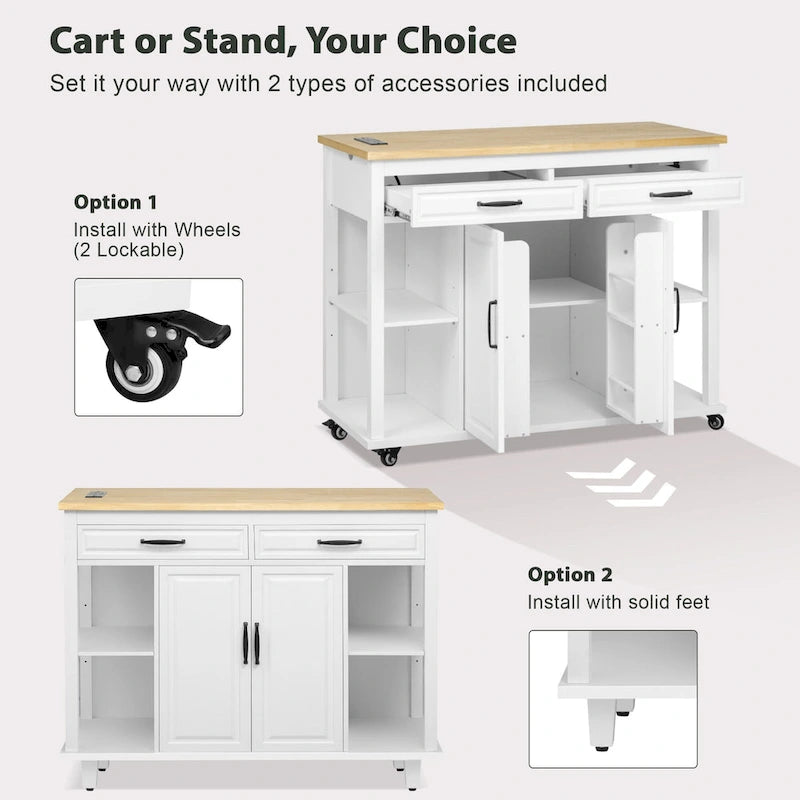 Îlot de cuisine en bois d'hévéa de 47" avec table à manger extensible, étagère de rangement interne, prise de courant, 2 tiroirs de rangement, 2 armoires