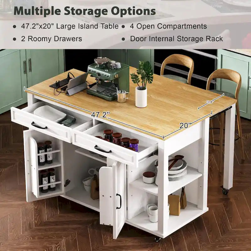 Îlot de cuisine en bois d'hévéa de 47" avec table à manger extensible, étagère de rangement interne, prise de courant, 2 tiroirs de rangement, 2 armoires