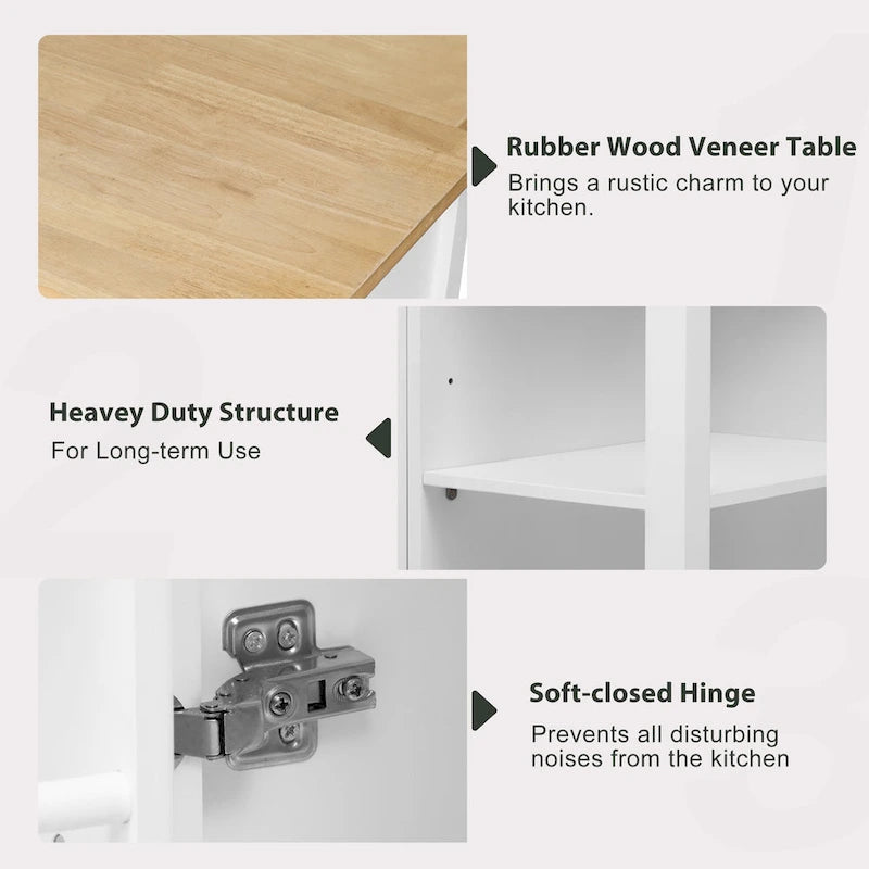 Îlot de cuisine en bois d'hévéa de 47" avec table à manger extensible, étagère de rangement interne, prise de courant, 2 tiroirs de rangement, 2 armoires