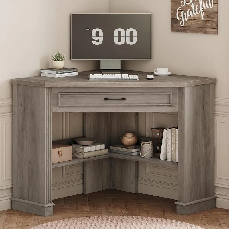 Petit bureau d'angle triangulaire pour ordinateur avec tiroir de rangement et étagères